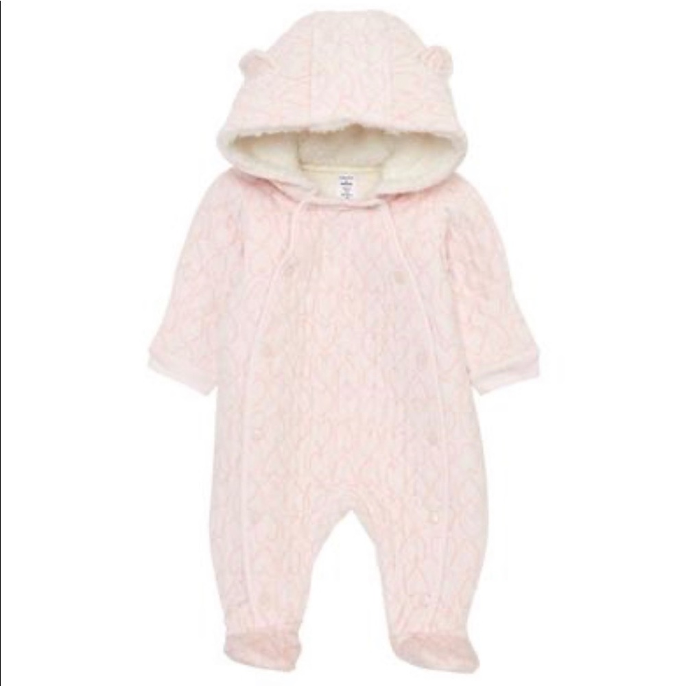 Nordstrom baby bunting snow suit - quilted pink with hearts and bunny ears - NEW